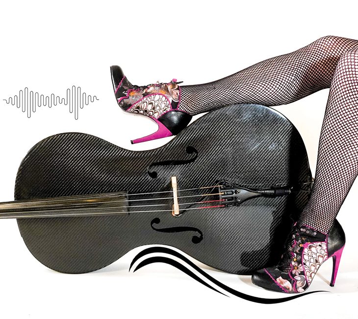 A person wearing fishnet stockings and floral high heels rests their legs on a black cello, with a sound wave graphic in the background.