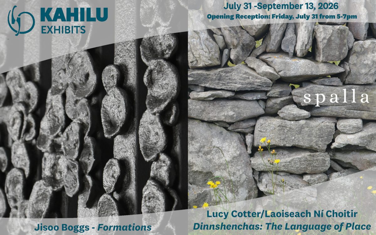 Split image: left side shows textured vertical gray stone formations; right side shows a stone wall with small yellow flowers. Text details art exhibit "spalla" at Kahilu Exhibits, July 31–Sept 13, 2026.