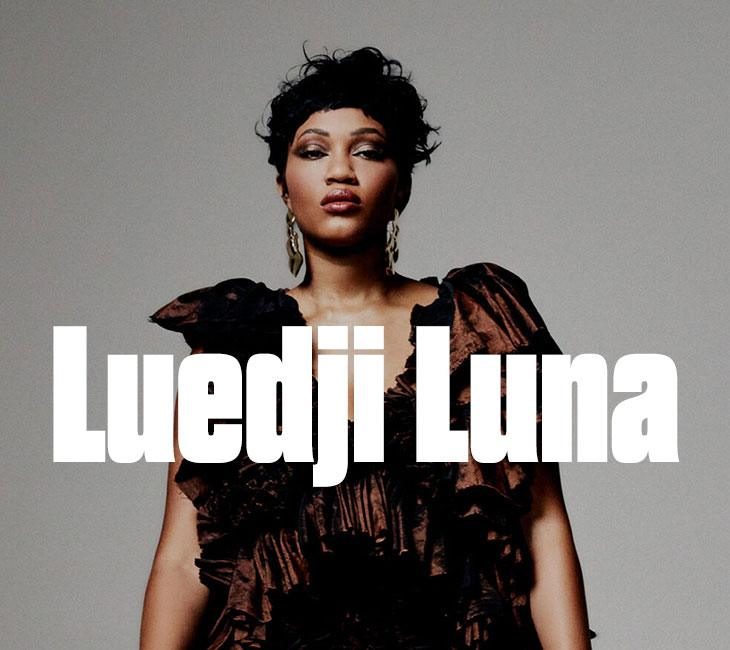 A person with short curly hair stands against a gray background, wearing a dark ruffled outfit. Large text reads "Luedji Luna.