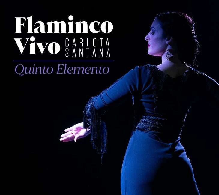 A performer in a dark blue dress poses under a spotlight in a Flamenco dance stance. Text reads, "Flamenco Vivo Carlota Santana, Quinto Elemento.