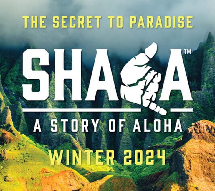 A poster for "SHAKA: A Story of Aloha" with a background of lush green mountains and text "The Secret to Paradise, Winter 2024.