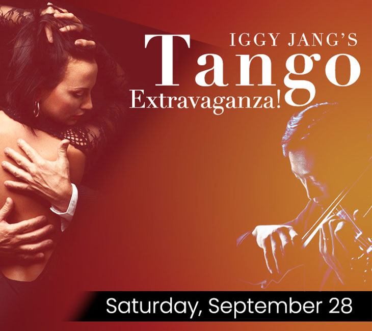 A promotional poster for "Iggy Jang's Tango Extravaganza!" showing a couple dancing tango on the left and a violinist on the right. The event is scheduled for Saturday, September 28.