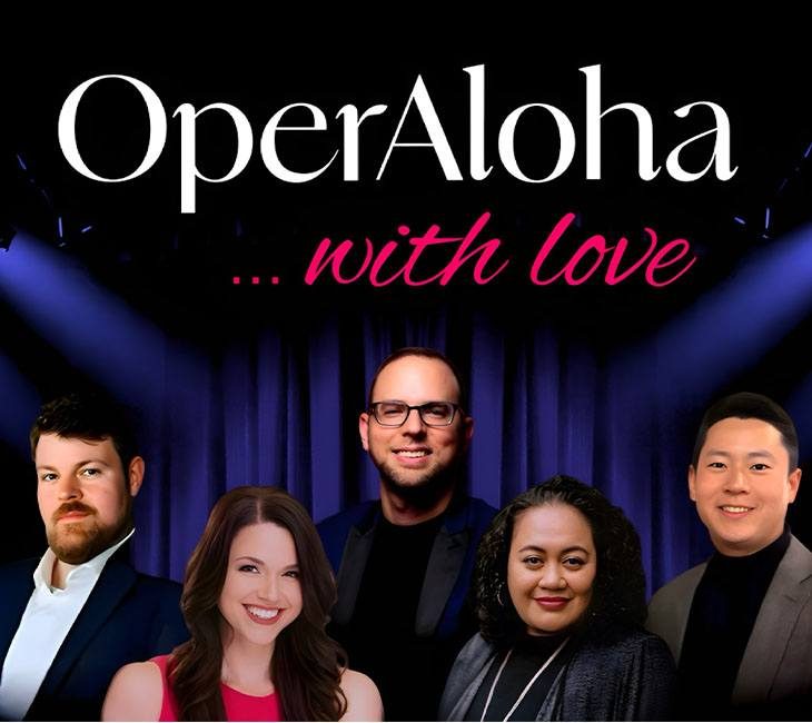 Five people stand in front of a dark curtain with the text "OperAloha ...with love" above them.