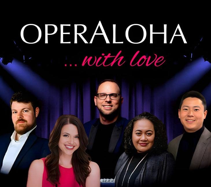 A group of five people is posed in front of a purple curtain. The text "OPERALOHA ...with love" is displayed above them.