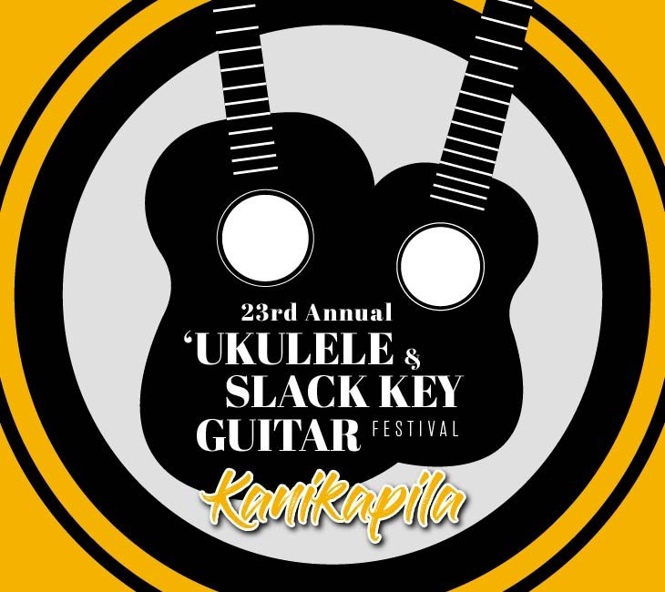 Image of two guitars with the text "23rd Annual 'Ukulele & Slack Key Guitar Festival Kanikapila" in the center. The design is in black, white, and yellow.