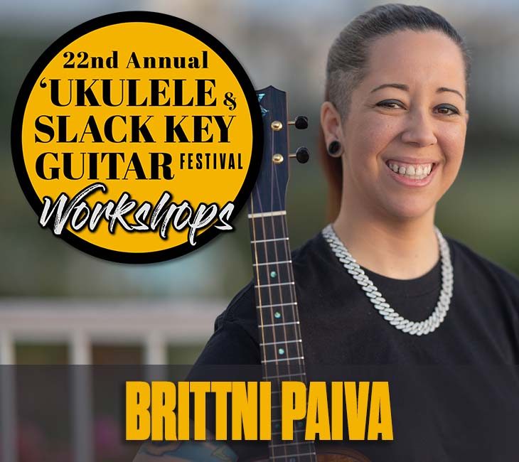 Person smiling while holding a ukulele, with text promoting the 22nd Annual 'Ukulele & Slack Key Guitar Festival Workshops.