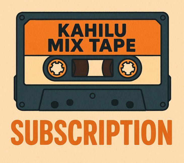 Illustration of a cassette tape labeled “Kahilu Mix Tape” above the word “Subscription” in bold orange letters on a beige background.