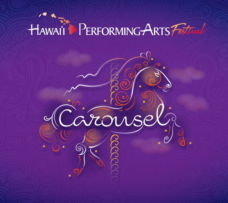 Purple poster for the Hawaii Performing Arts Festival featuring a stylized carousel horse outline and the word "Carousel" in script font.