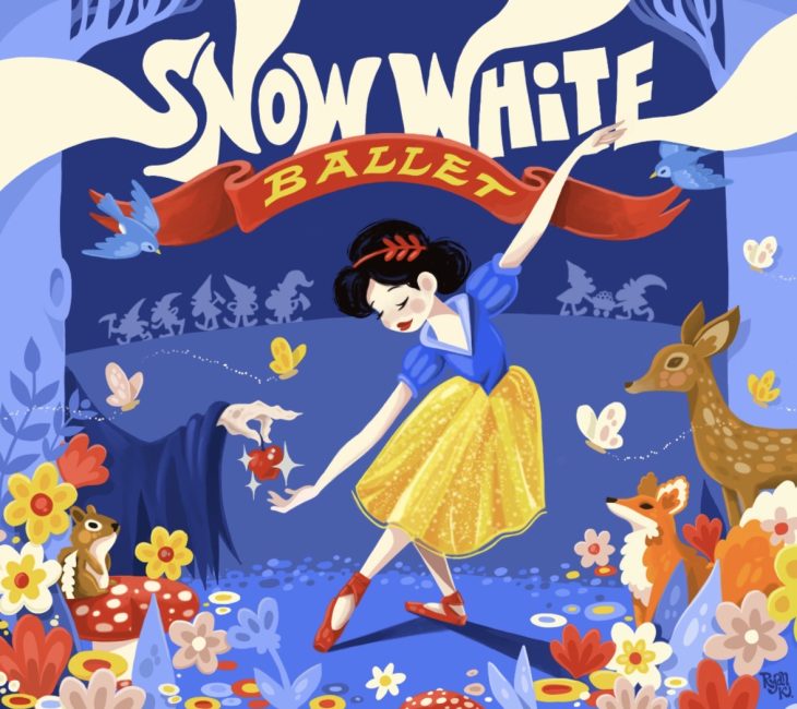 Illustration of Snow White dancing ballet, surrounded by woodland animals, with an outstretched hand offering her an apple; "Snow White Ballet" written above.