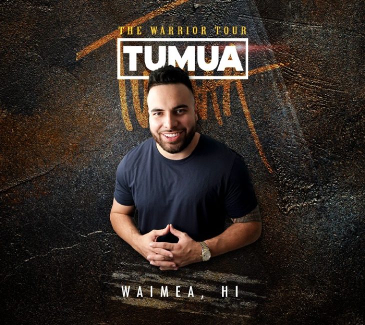 A man in a dark shirt stands against a textured background with text "The Warrior Tour, Tumua, Waimea, HI" above and below him.